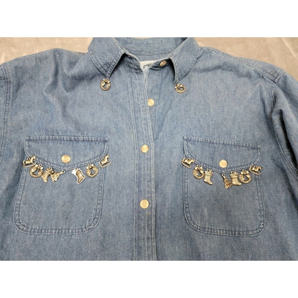 Vintage Cambridge Dry Goods Denim Button-up 42x29 Christmas charms sz 6 med-L